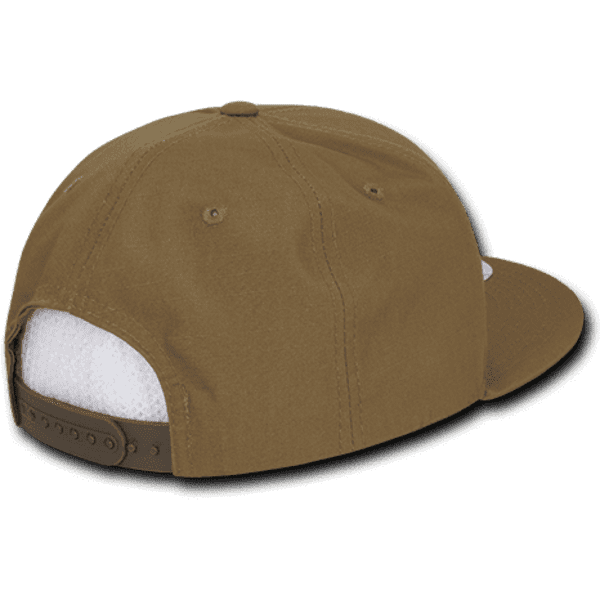 A high profile structured snapback cap in brown with a rear snap closure and a logo.