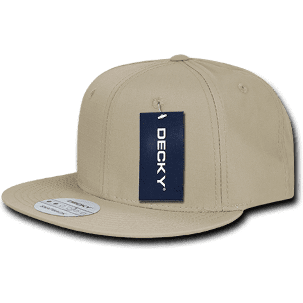 A tan, six-panel high profile snapback cap with a logo tag attached.