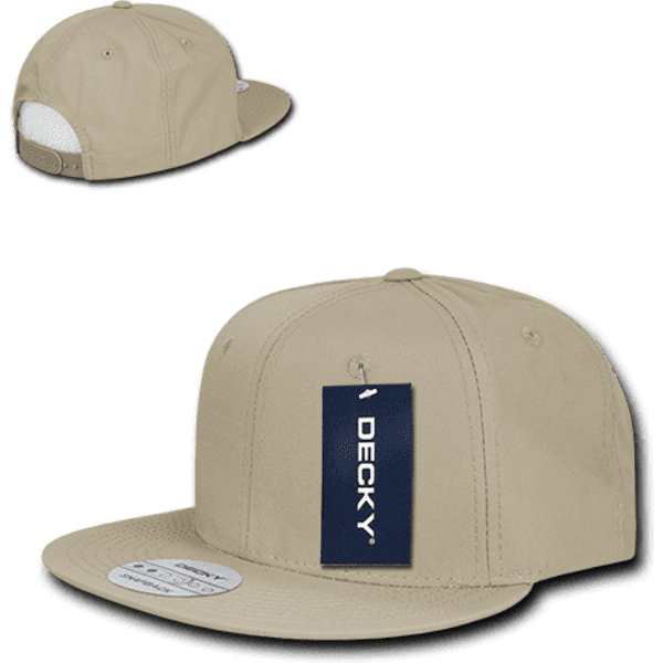 A beige high-profile structured snapback cap with a branding tag and adjustable snap closure at the back.
