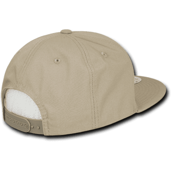 A high-profile structured snapback cap in beige, featuring a rear snap closure and a branded logo.