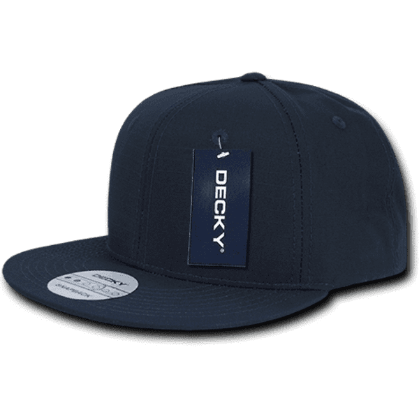 A navy 6 panel high pro ripstop snapback cap with a rounded crown and a flat brim, featuring a logo tag.