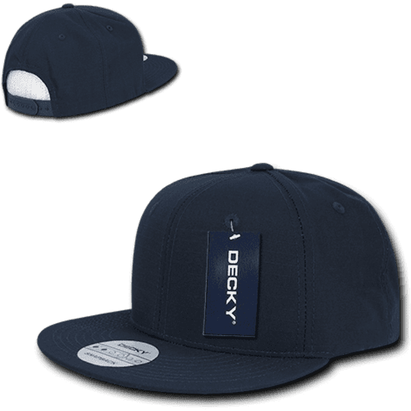 A navy blue 6-panel high profile structured snapback hat featuring a logo and a tag.