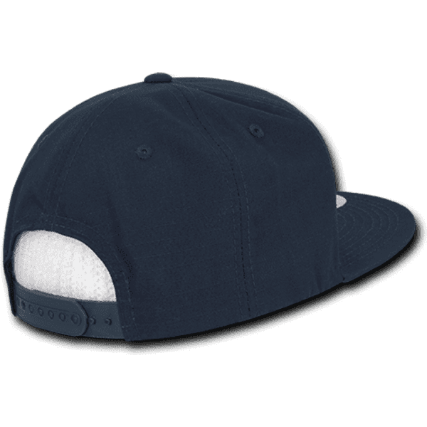 A structured high-profile snapback cap in navy blue with a mesh back and an adjustable strap.