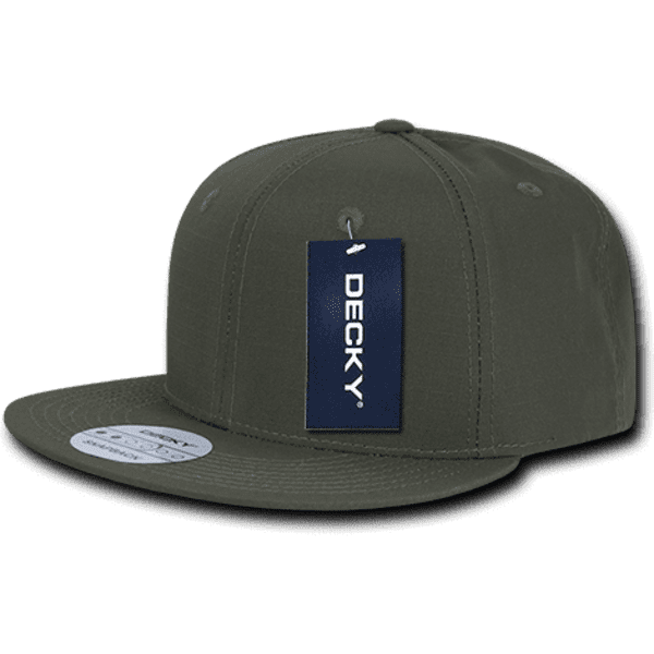 A green 6 panel high pro ripstop snapback cap featuring a logo and an attached tag.