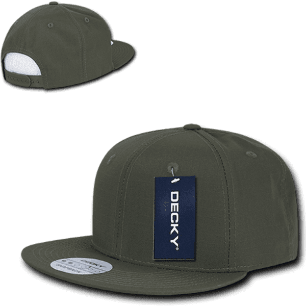A high-profile structured snapback cap in olive green with a logo and a hang tag.