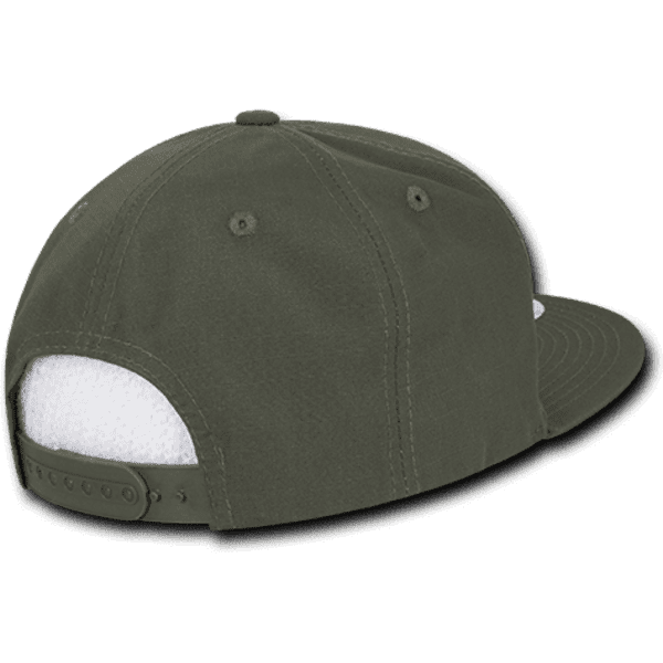 A 6 panel high profile structured snapback hat in olive green with a snap closure at the back and a logo.