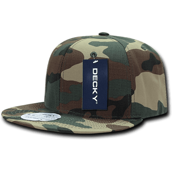 A camouflage snapback cap featuring a high pro design and a branded tag.