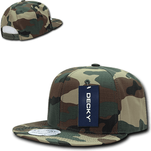 A camo-patterned snapback cap with a high profile and structured design, featuring a branding tag.