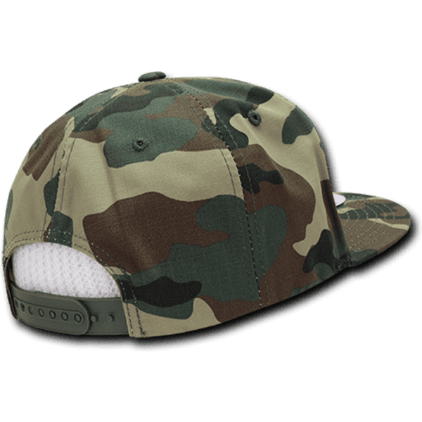 A camo-patterned 6 Panel High Profile Structured Snapback cap with a mesh back and adjustable strap.
