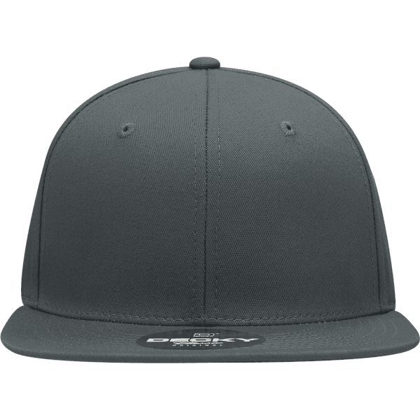 A grey 6-panel high profile structured snapback cap with a flat brim and a logo on the front.