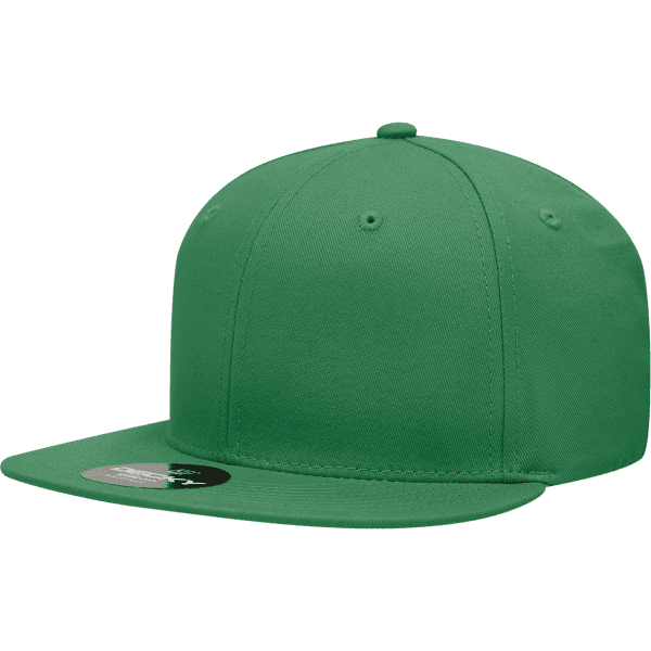 A green 6 panel snapback cap made from a cotton/poly blend, featuring a logo tag.