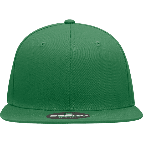 A green 6 panel high profile structured snapback hat with ventilation holes and a flat brim, featuring a logo.