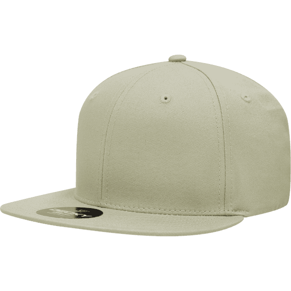 A high-profile, tan cotton/poly blend snapback cap with a logo and a tag attached.