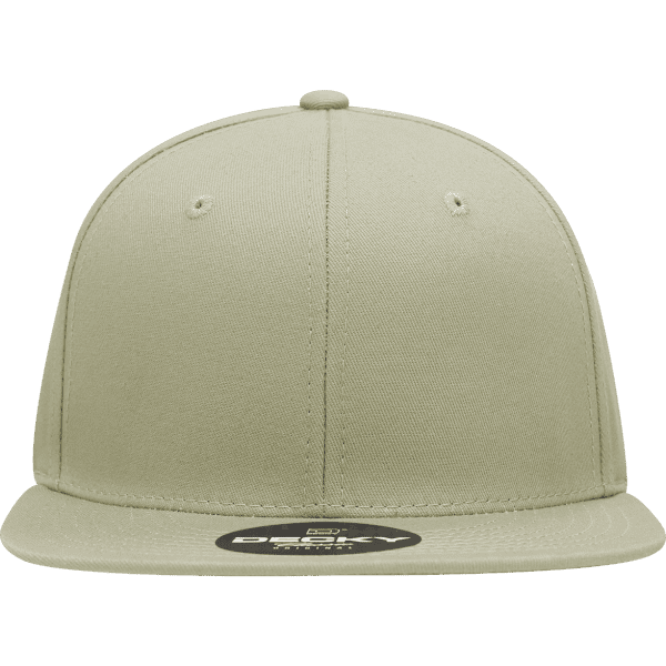 A structured snapback cap in light green featuring six panels and a branded label on the side.