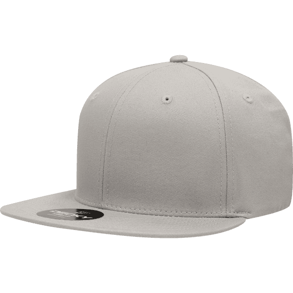 A grey 6 panel high pro cotton/poly blend snapback cap with a branded tag.