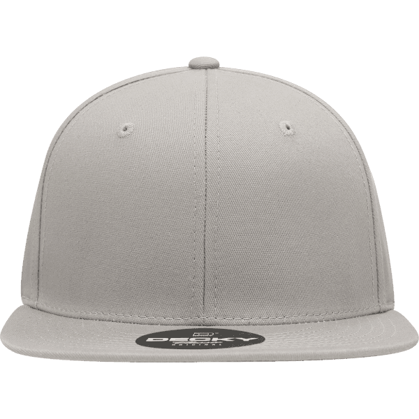 A grey 6-panel high profile structured snapback cap featuring a flat brim and a button on top.