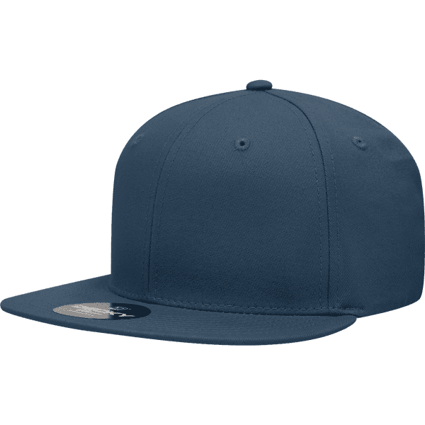 A navy blue 6 panel high pro cotton/poly blend snapback cap featuring a logo and a tag.