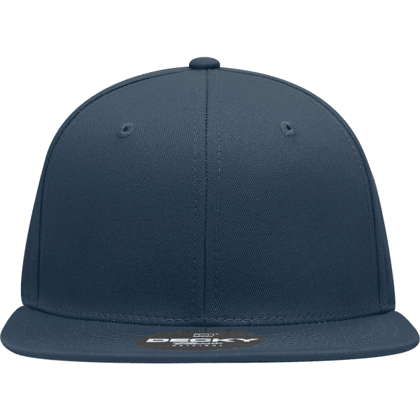 A navy blue 6-panel high profile structured snapback cap featuring a logo on the front.