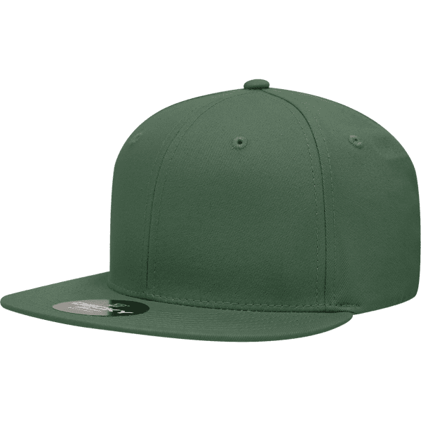 A green 6 panel high pro cotton/poly blend snapback cap with a brand tag attached to the side.