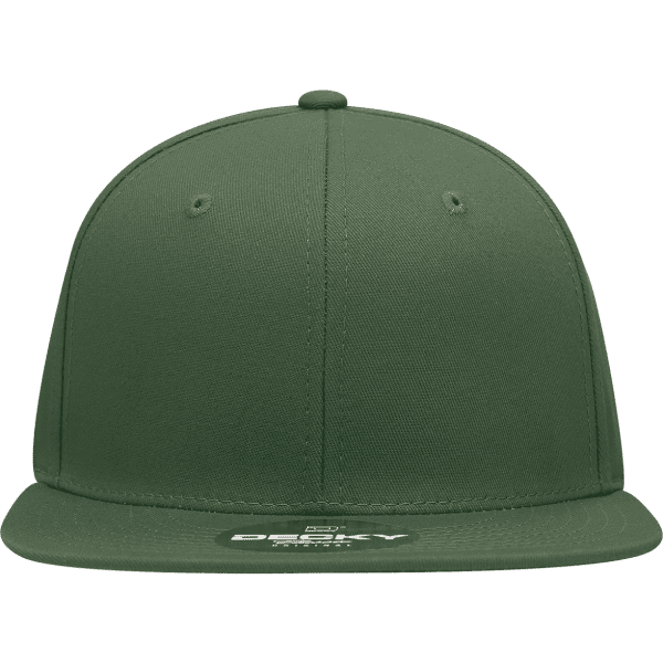 A green 6 panel high profile structured snapback cap with ventilation holes and a flat brim. It features a logo on the front.