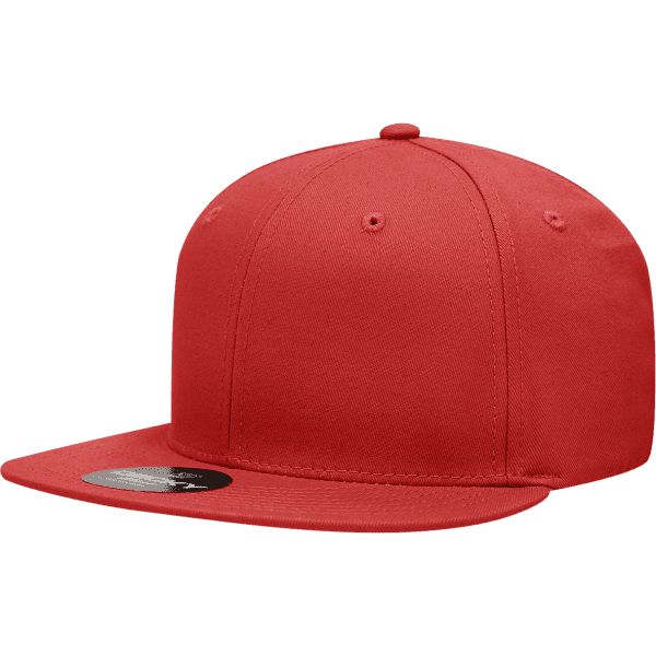 A red 6-panel snapback cap with a flat brim and a logo tag attached. Made from a cotton/poly blend.