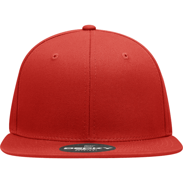 A red structured snapback cap featuring a high profile and a logo on the front.