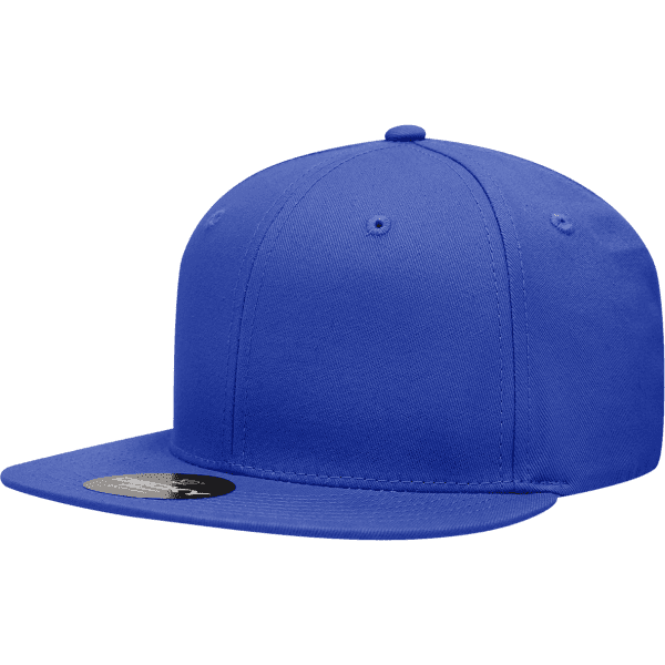 A blue 6 panel high pro cotton/poly blend snapback cap with a branding tag.