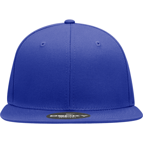 A structured snapback cap in a vibrant blue colour, featuring a flat brim and eyelet vents, with a logo present.