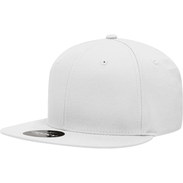 A white 6-panel snapback cap with a straight brim and a logo tag.