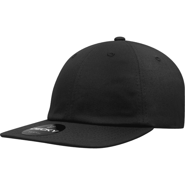 A black 6-panel high profile relaxed snapback hat with a curved brim and a logo on the front.
