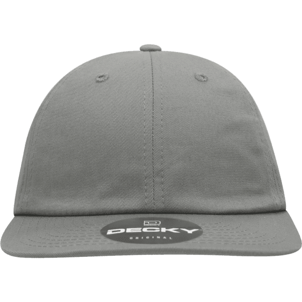 A grey 6 panel high profile relaxed snapback hat with a branded logo on the front.