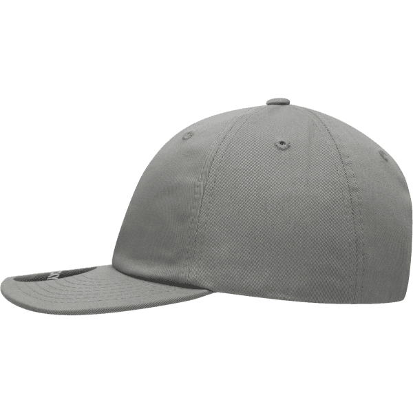 A grey 6 panel high profile relaxed snapback cap with a curved brim and a logo on the side.