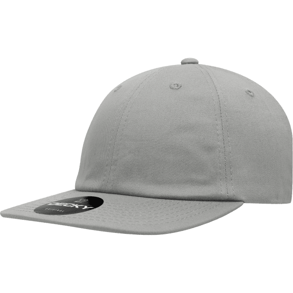 A grey six-panel high profile cotton snapback cap with a logo tag attached.