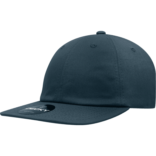 A navy blue 6 panel high pro cotton snapback cap featuring a logo and a hang tag.