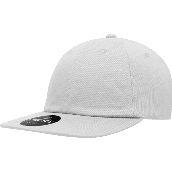 A white 6 panel high pro cotton snapback cap with a logo and tag attached.