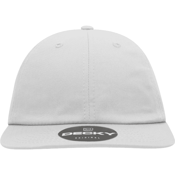 A white 6 panel high profile relaxed snapback hat with a round brim and a branded label on the front.