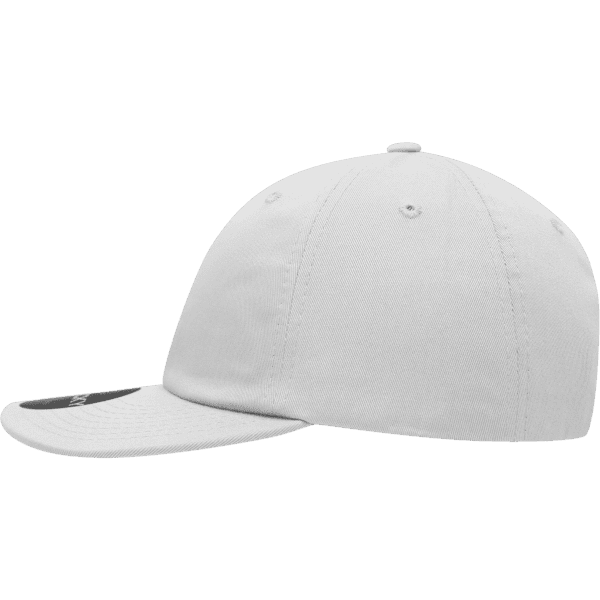 A white 6 panel high profile relaxed snapback cap with a curved brim and a branding logo.