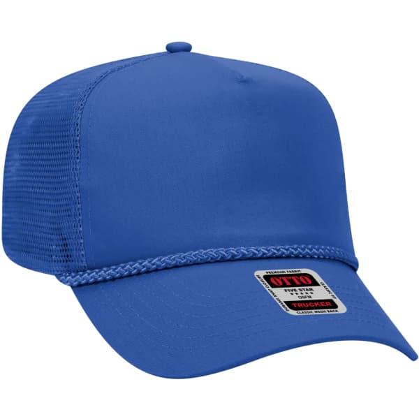 A blue 5 panel trucker hat featuring a mesh back and a branded label on the front.