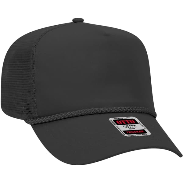A black 5 panel trucker hat with a mesh back and a logo on the front.