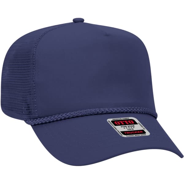 A navy blue 5 panel trucker hat featuring a mesh back and a decorative braid across the front, with a logo.