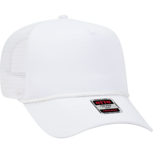 A 5 panel trucker hat in white with a mesh back and a braided rope trim, featuring a logo on the front.