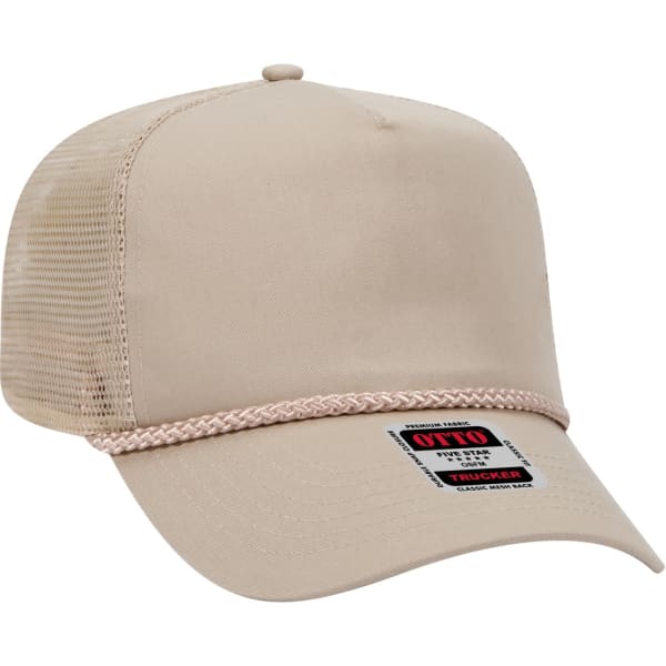 A beige 5 panel trucker hat with a mesh back and decorative strap. It features a logo on the front.