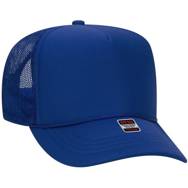 A blue 5 panel trucker hat with a mesh back and a logo on the front.