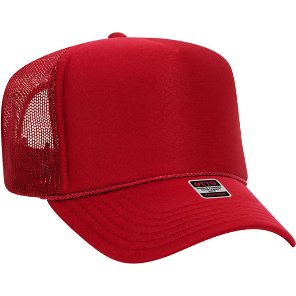 A red 5 Panel Trucker Hat featuring a mesh back and branding label on the front.