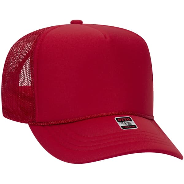 A red 5 panel trucker hat with a mesh back and a branded label on the front.
