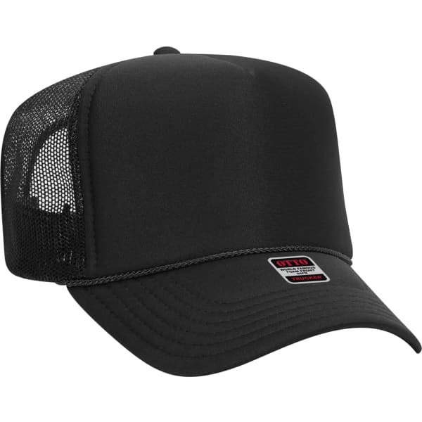 A black 5 panel trucker hat featuring a mesh back and a small logo on the front.