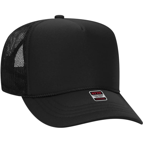 A black 5 panel trucker hat featuring a mesh back and a logo on the front panel.