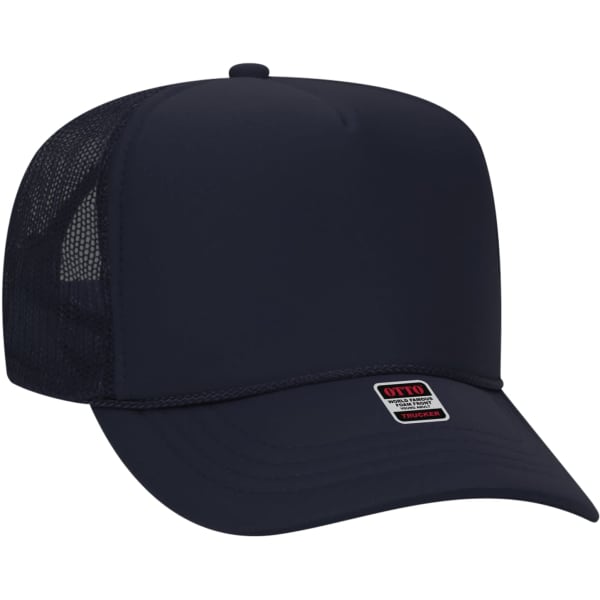 A dark navy blue 5 panel trucker hat with a mesh back and a logo on the front.