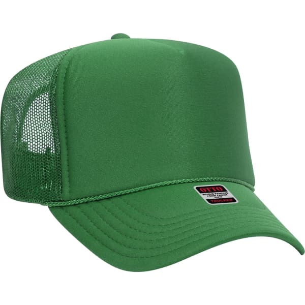 A green 5 panel trucker hat featuring a mesh back and a small logo on the front.
