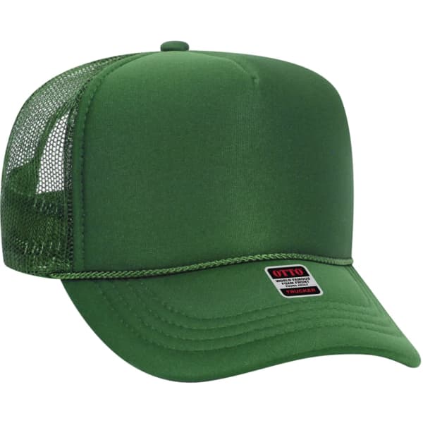 A green 5 panel trucker hat featuring a mesh back and a logo on the front.